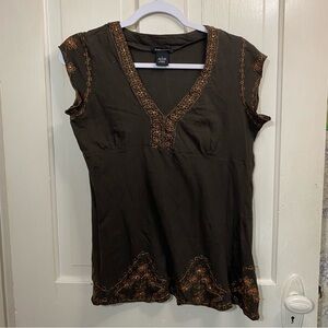 BCBG | BCBG MaxAzria Short Sleeve Brown Embroidered Shirt
